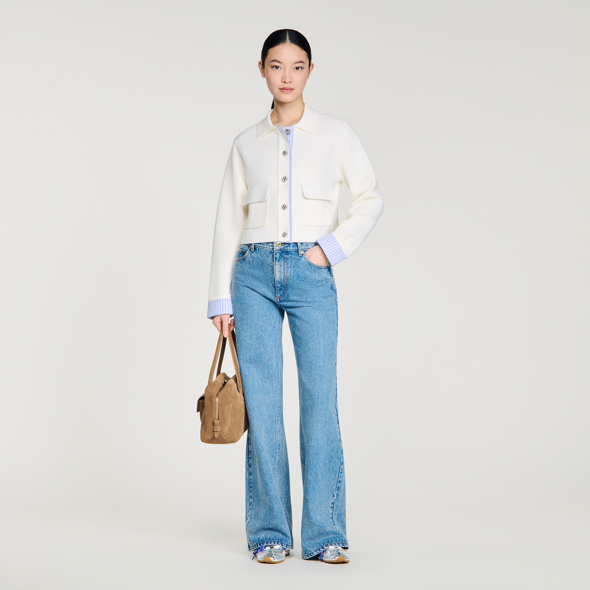 Polo cardigan with poplin details white / beige For Women | Sandro Paris